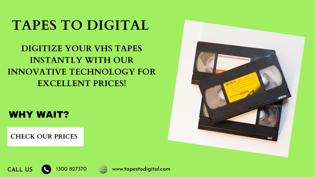 Advertisement of a tape digitizing service with an image of three VHS tapes in a green background.