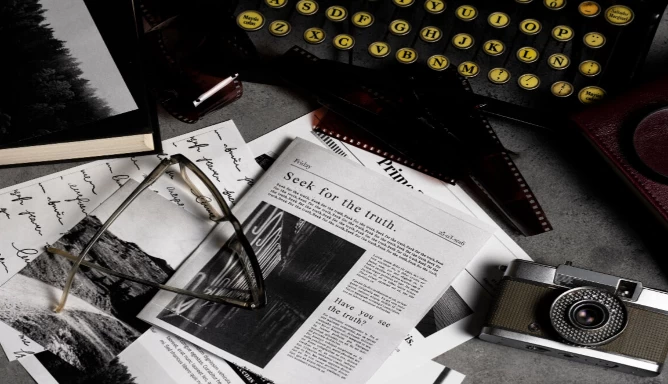 concept arrangement with different elements such as a camera, films, eyeglasses, an old newspaper, a notebook, a typewriter, etc.