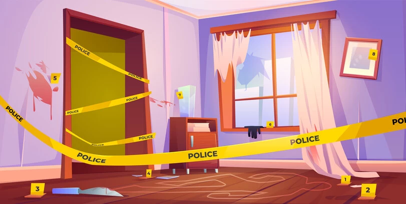A murder place fenced with yellow police tape illustration.