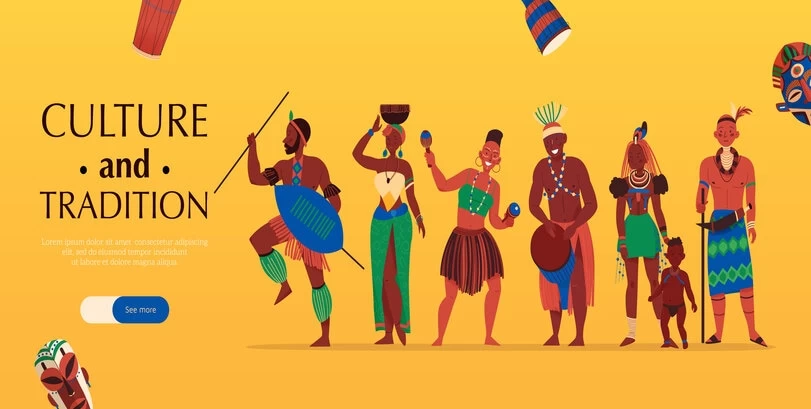 An African horizontal banner with characters of an African tribe.