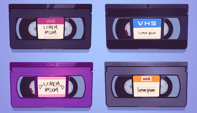 An image of four VHS tapes in different colors.