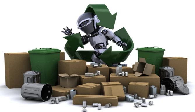 A robot with trash and recycle symbol.