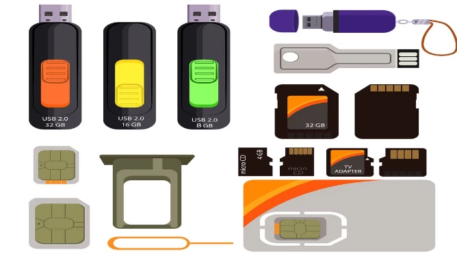 An image of USB sticks, SD cards, and pins.