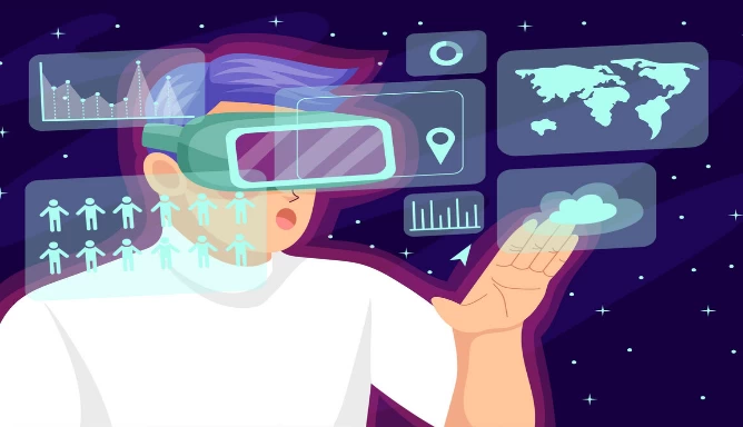 an image of a guy hand-drawn in a flat design with a metaverse background.